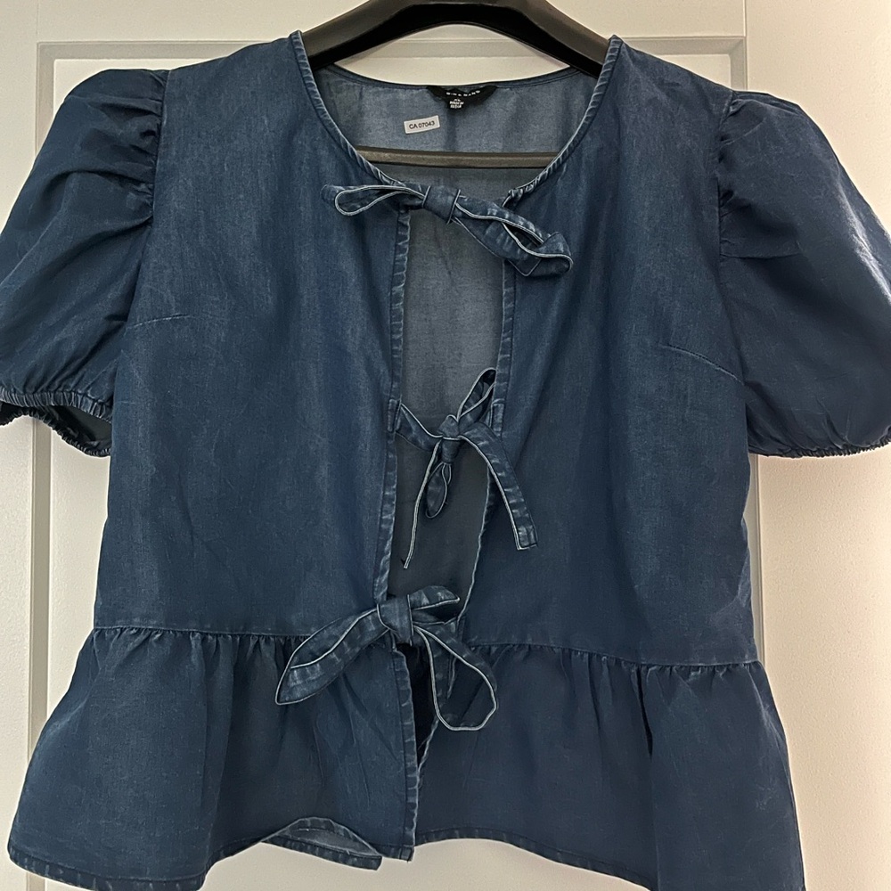 Womens Sim&Sam Dark Denim Three Tie-up Bell Sleeve T-shirt Size XL - Picture 2 of 6